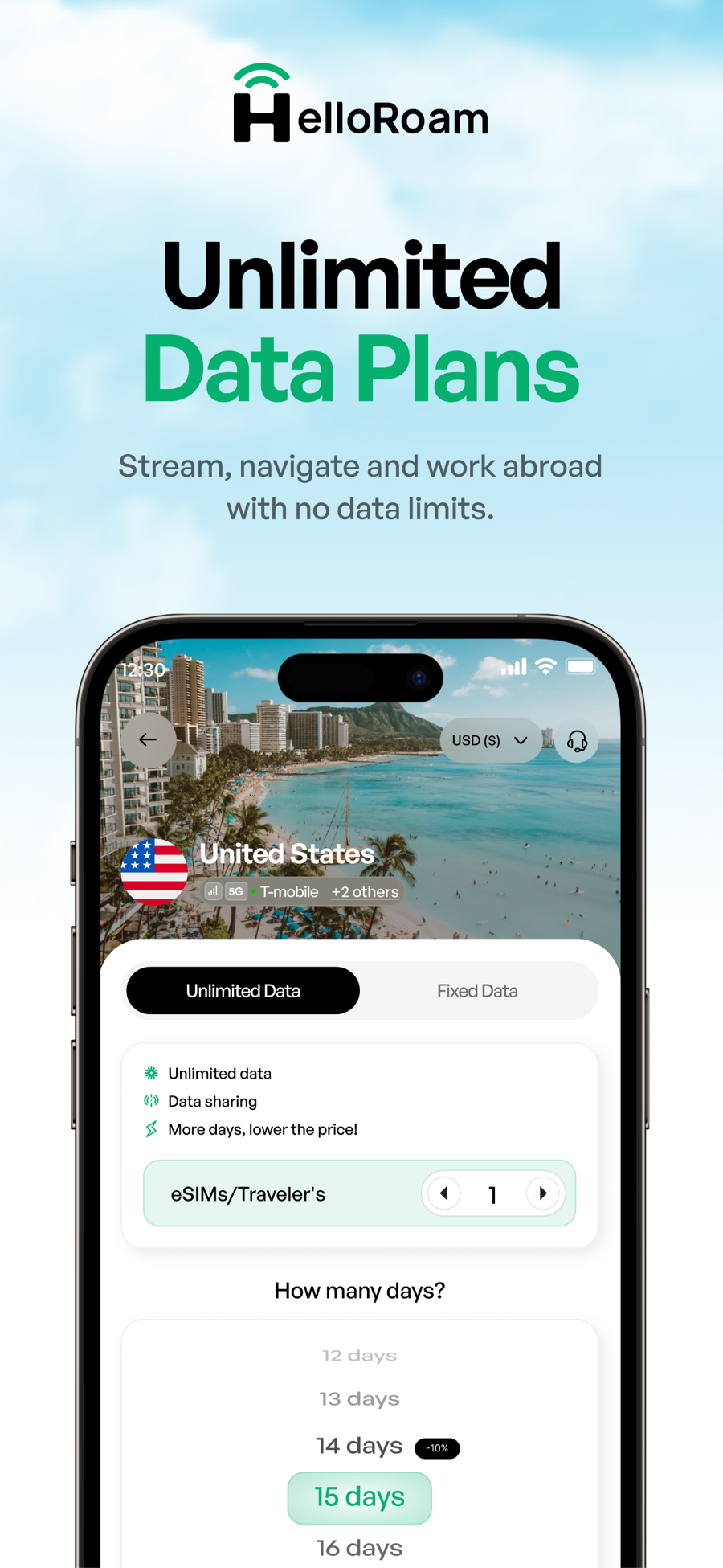 eSIM Travel app browse screen showing data plans across countries